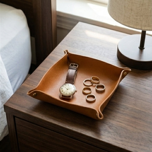 Leather valet tray on bedside table with watch