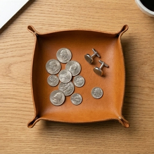 Leather valet tray empty top view