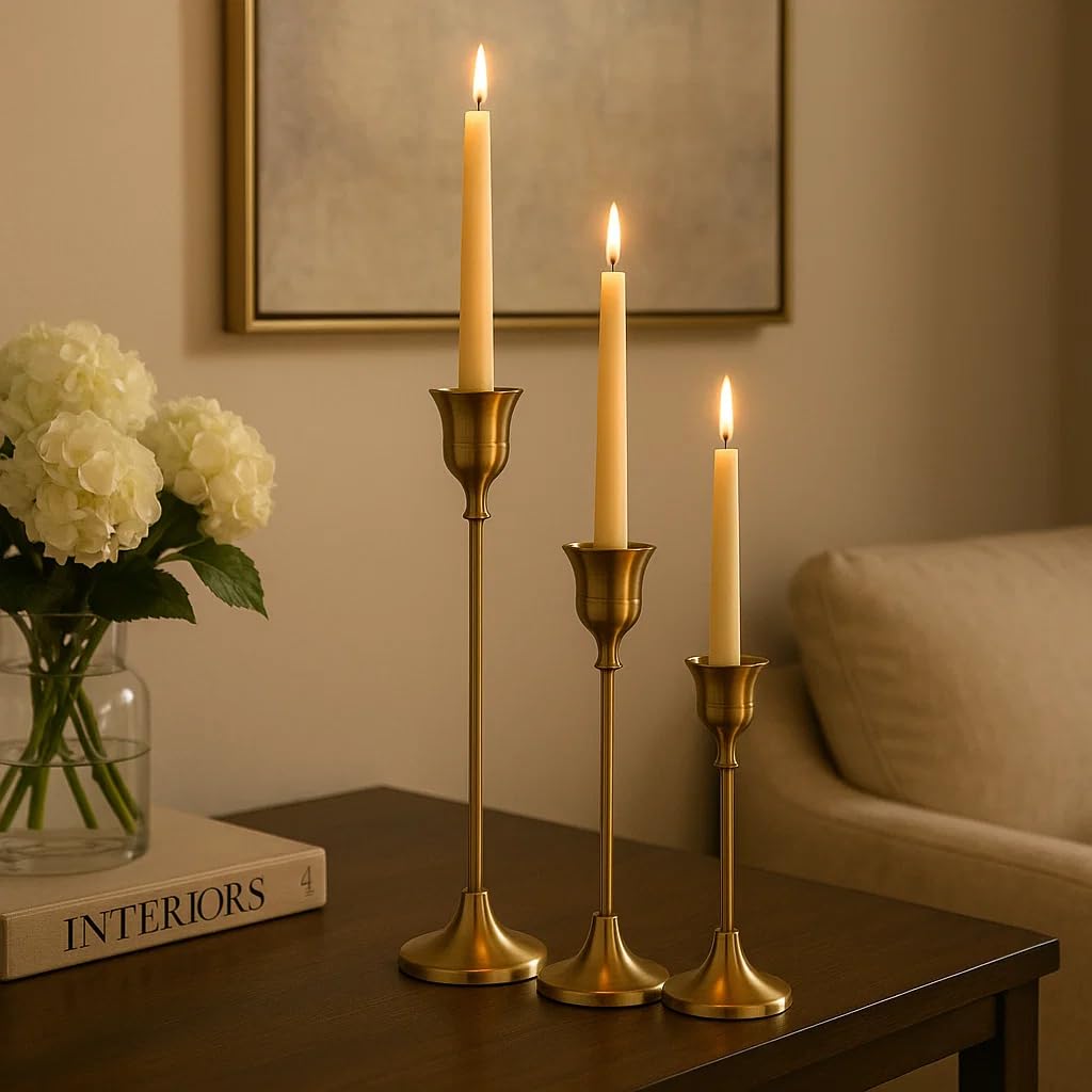 Brass Taper Candlestick Holders, Set of 3 — Sculptural Candle Holders for Dining Table & Mantel