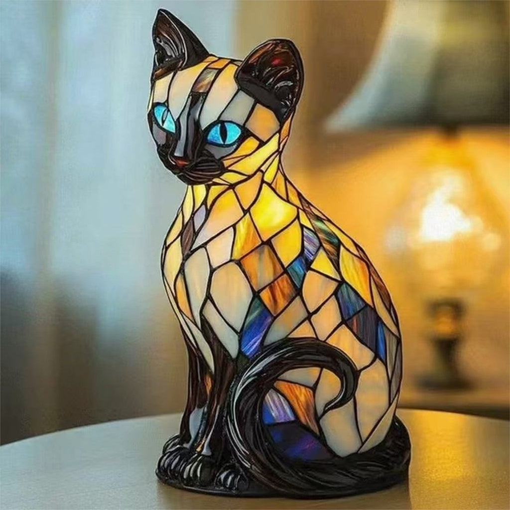 Stained Glass Cat Lamp — Resin LED Night Light, USB Table Lamp Gift