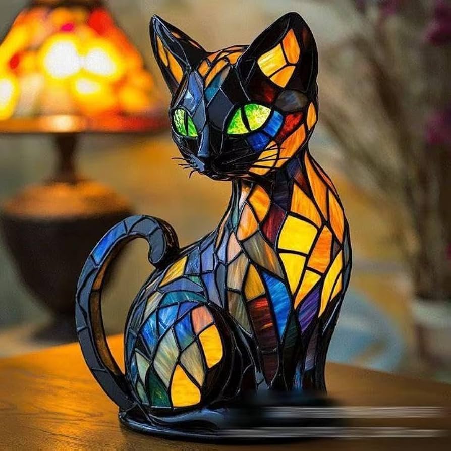 Stained Glass Cat Lamp — Resin LED Night Light, USB Table Lamp Gift