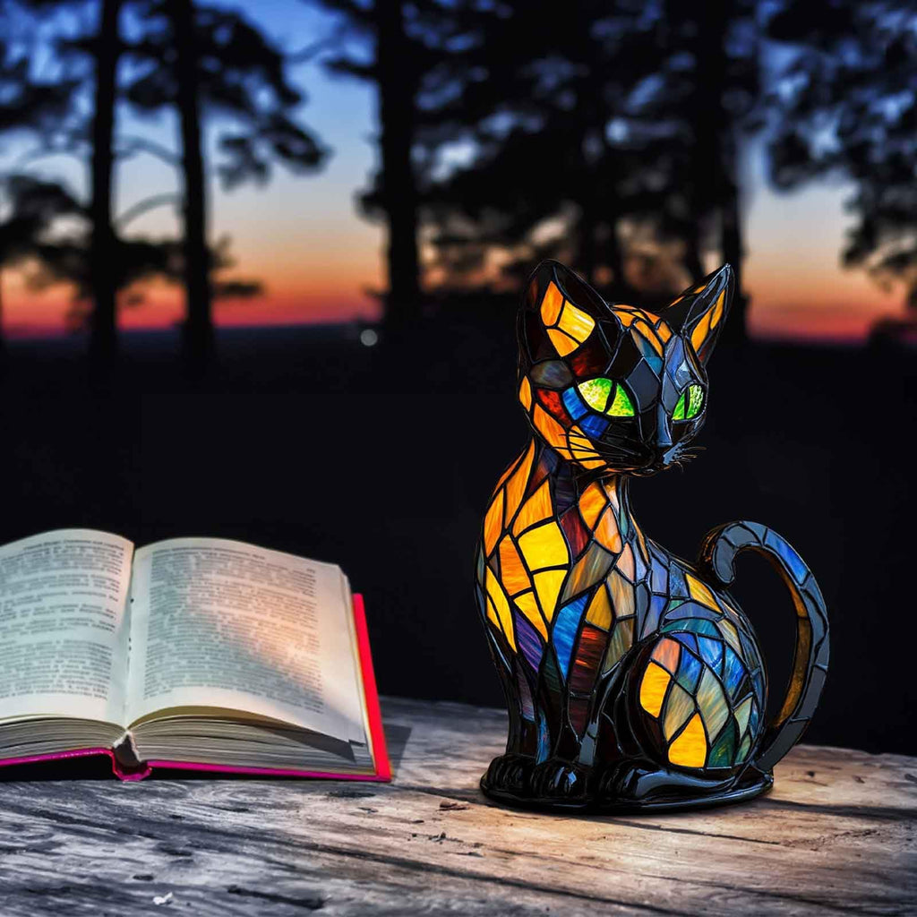 Stained Glass Cat Lamp — Resin LED Night Light, USB Table Lamp Gift