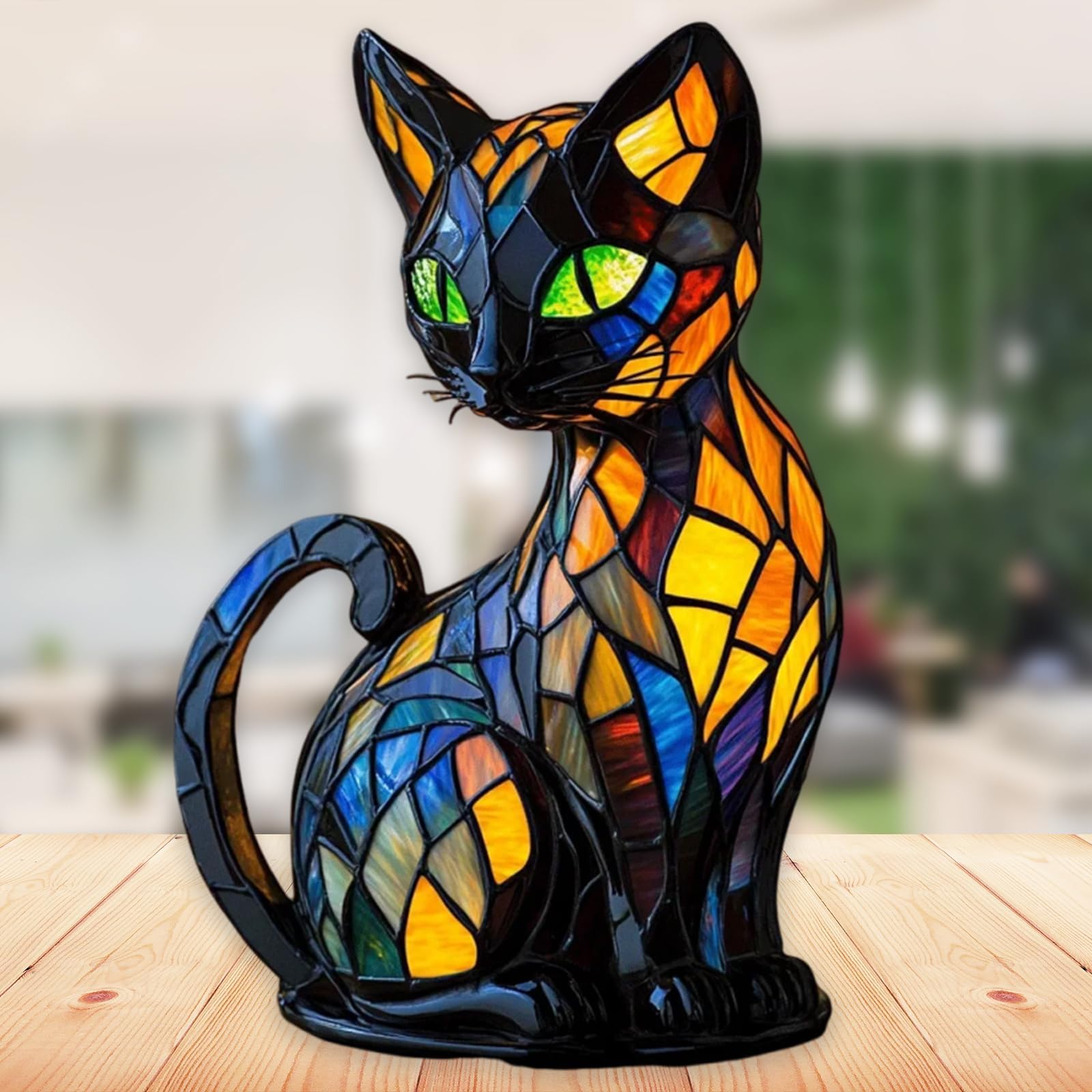 Stained Glass Cat Lamp — Resin LED Night Light, USB Table Lamp Gift