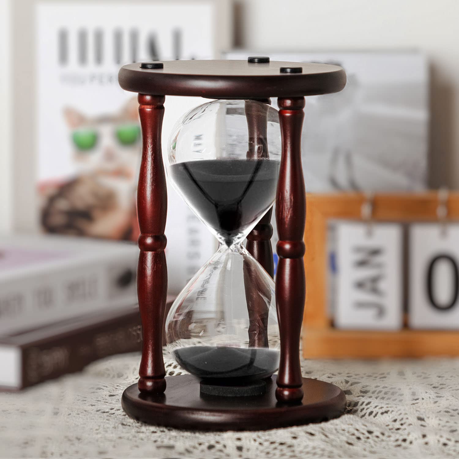 Large wooden hourglass sand timer 60 minute black sand