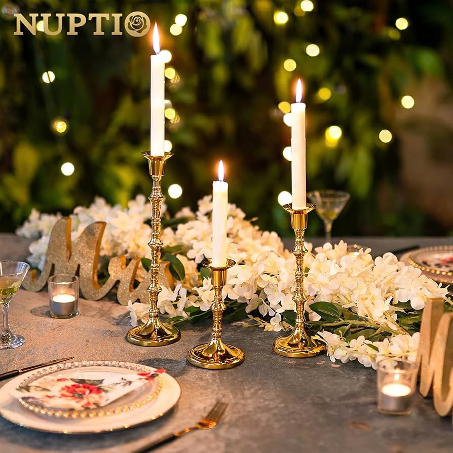 Brass Taper Candlestick Holders, Set of 3 — Sculptural Candle Holders for Dining Table & Mantel