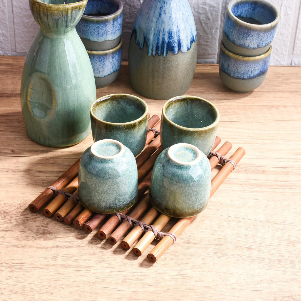 Ceramic Sake Set — Stoneware Serving Pot & 4 Cups Gift Set