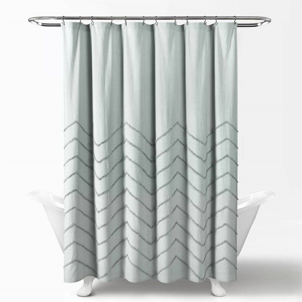 72-inch Pastel Blue Chenille Cotton Shower Curtain with Chevron Pattern — Gift Idea