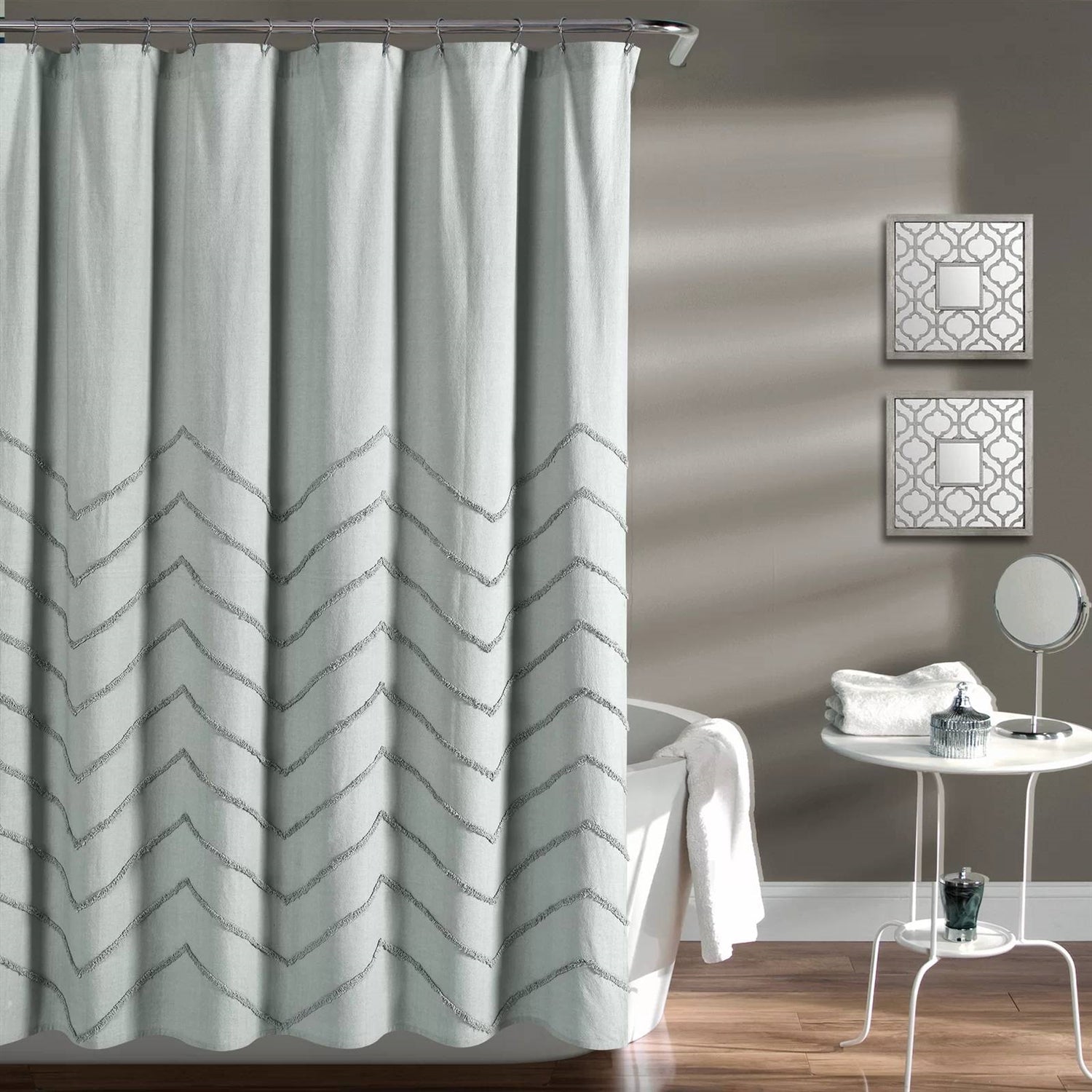 72-inch Pastel Blue Chenille Cotton Shower Curtain with Chevron Pattern — View 4