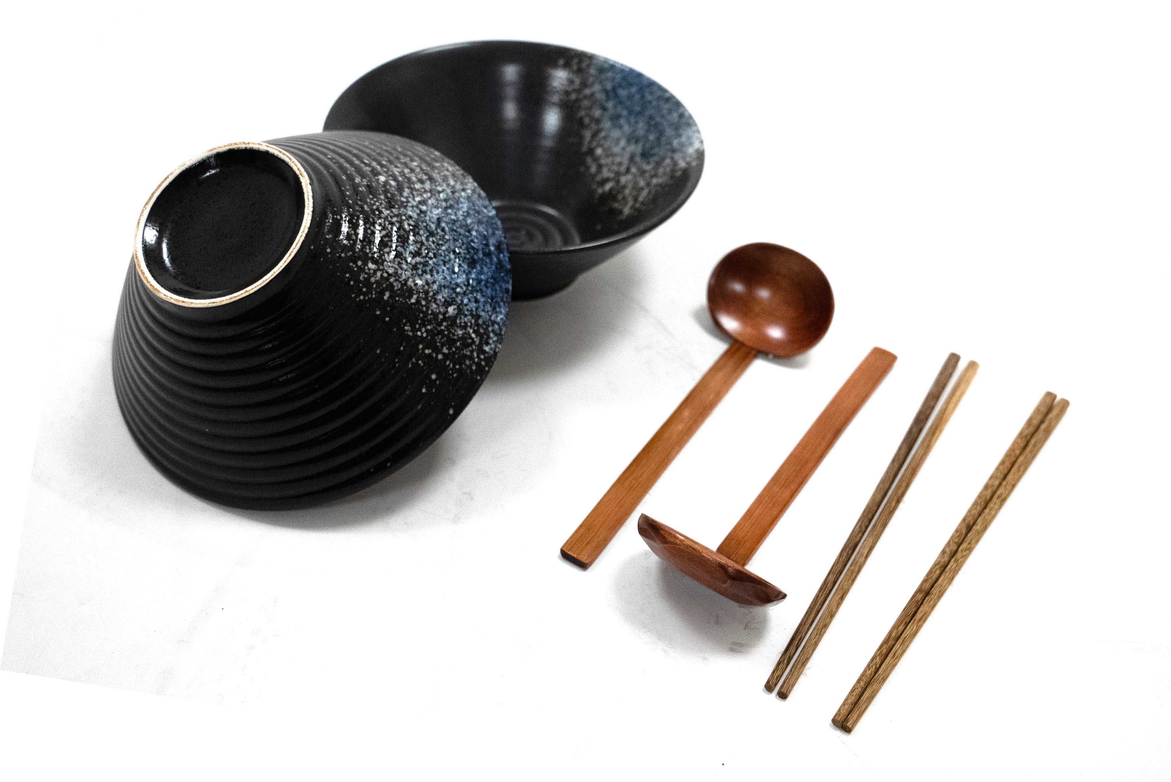 Stoneware ramen bowl set with chopsticks and spoon