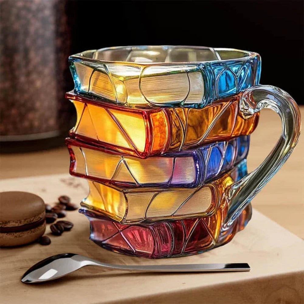 Handmade 3D Glass Book Mug – Artistic Painted Book Stack Coffee Tea Cup ... — View 3