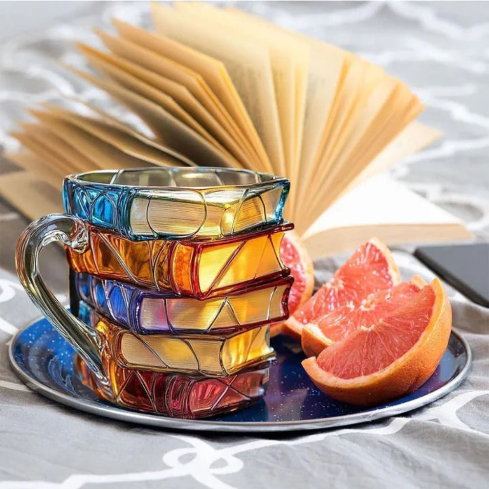 Handmade 3D Glass Book Mug – Artistic Painted Book Stack Coffee Tea Cup ... — View 4