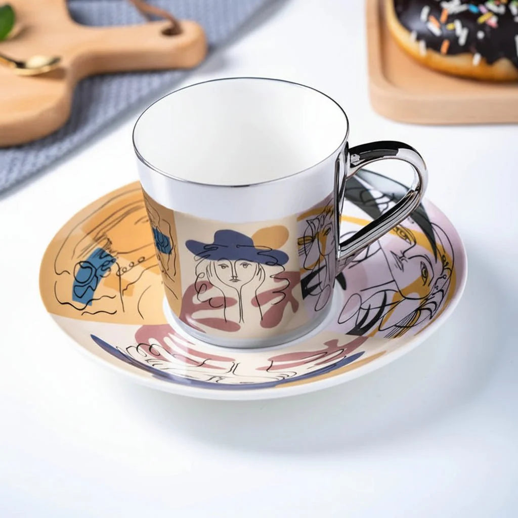 ZenSands Nordic Picasso Lion Mirror Cup Saucer Set Anamorphic Porcelain Illusion Coffee Cup Gift - Quincelle.co