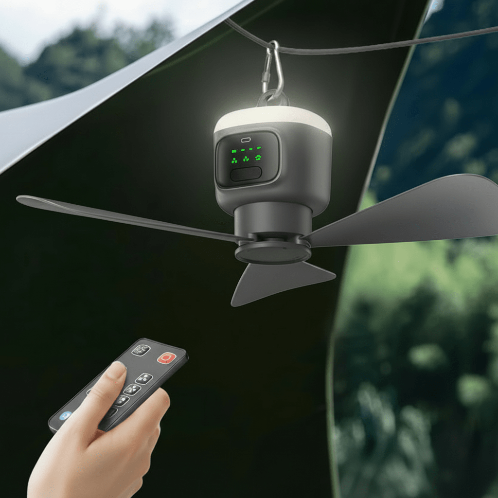 Portable Camping Ceiling Fan – 12000mAh Rechargeable, LED Lantern, Remote Control, 30H Battery, USB - C, RV/Tent - Quincelle.co