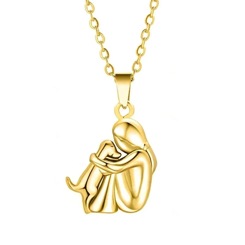 Cute Two-Tone Girl Hugging Dog Necklace | Handcrafted Pet Lover Pendant — View 9