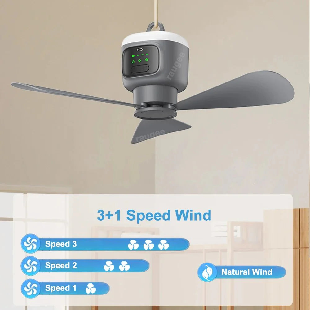 Portable Camping Ceiling Fan – 12000mAh Rechargeable, LED Lantern, Remote Control, 30H Battery, USB - C, RV/Tent - Quincelle.co