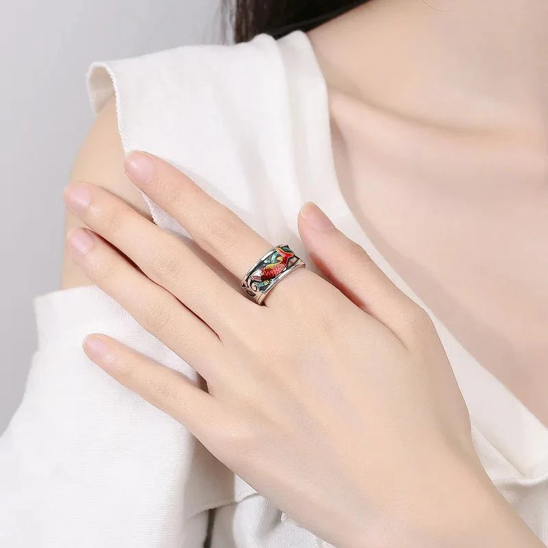 Retro Ethnic Style Enamel Carp Ring | Adjustable Opening Fashion Jewelry - Quincelle.co