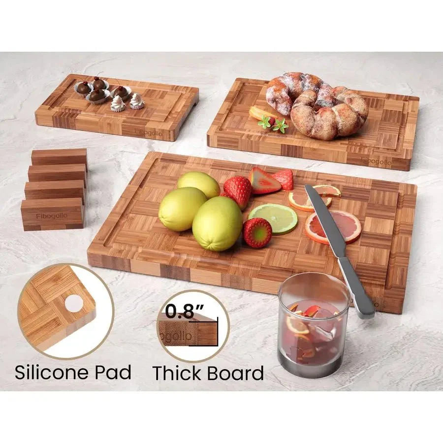 Bamboo Charcuterie & Prep Board Set 3-Piece End Grain Butcher Block Juic... — View 5