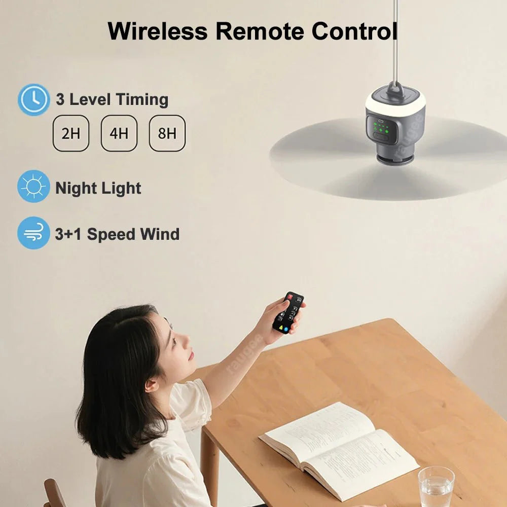 Portable Camping Ceiling Fan – 12000mAh Rechargeable, LED Lantern, Remote Control, 30H Battery, USB - C, RV/Tent - Quincelle.co