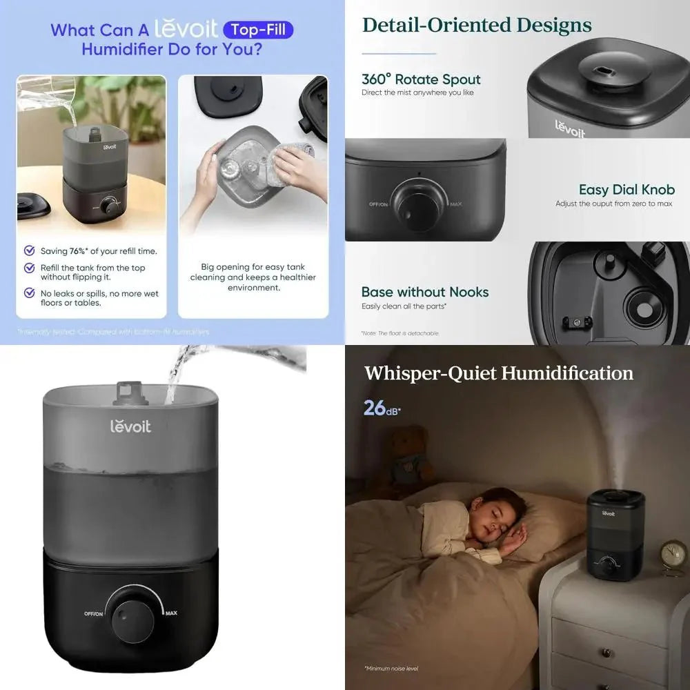 Top - Fill Humidifier 2.5L 360° Nozzle Auto Shut - Off Quiet Cool Mist Baby Bedroom Plants Black - Quincelle.co