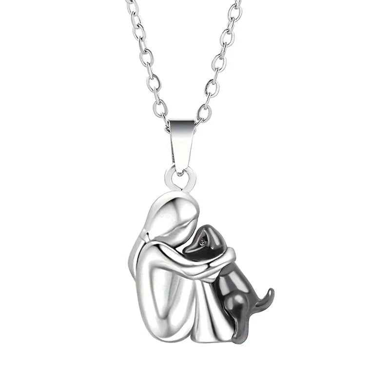 Cute Two-Tone Girl Hugging Dog Necklace | Handcrafted Pet Lover Pendant — View 2