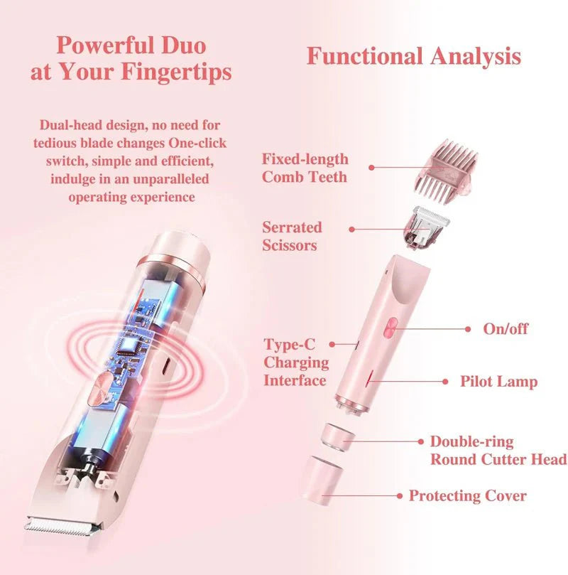 PureGlide 2 in 1 Electric Bikini Trimmer Shaver for Women, Dual Head Wet & Dry Hair Razor Waterproof with Detachable Heads - Quincelle.co