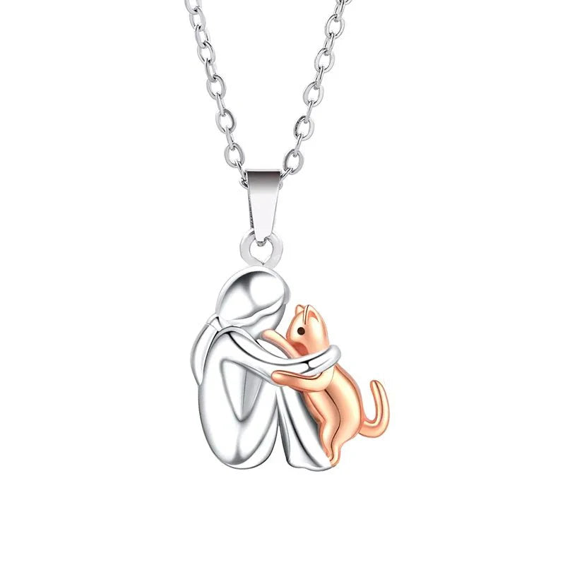Cute Two-Tone Girl Hugging Dog Necklace | Handcrafted Pet Lover Pendant — View 7