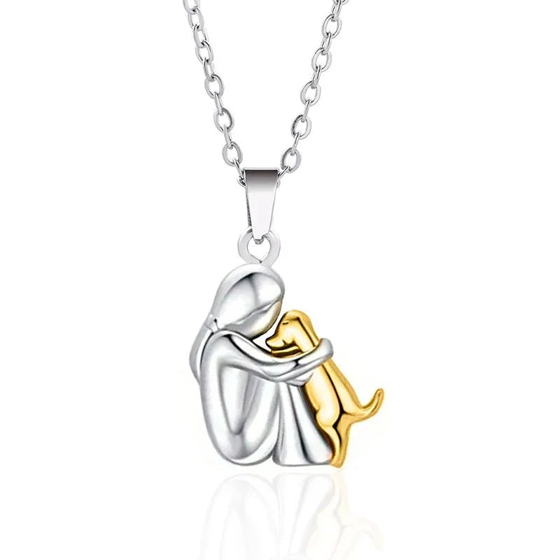 Cute Two-Tone Girl Hugging Dog Necklace | Handcrafted Pet Lover Pendant — Gift Idea