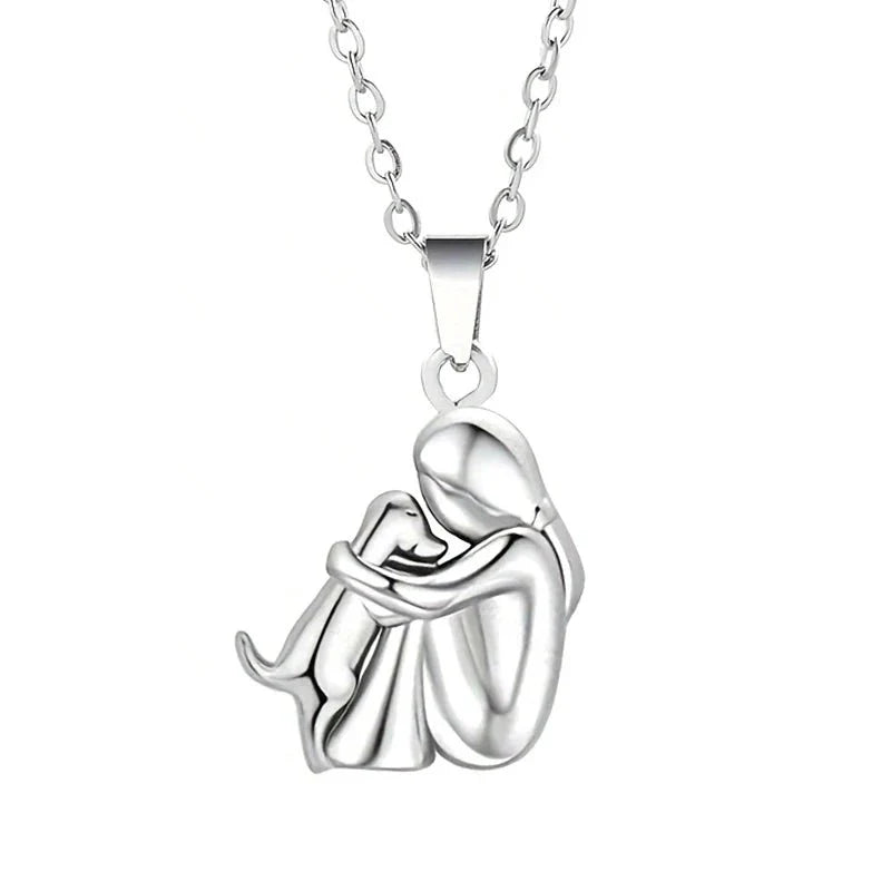 Cute Two-Tone Girl Hugging Dog Necklace | Handcrafted Pet Lover Pendant — View 8