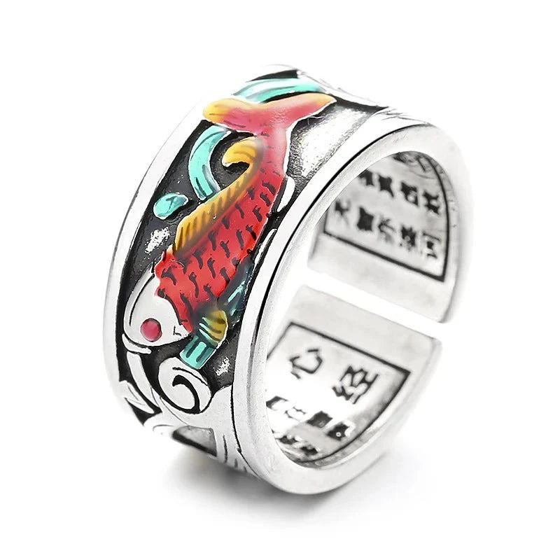 Retro Ethnic Style Enamel Carp Ring | Adjustable Opening Fashion Jewelry - Quincelle.co