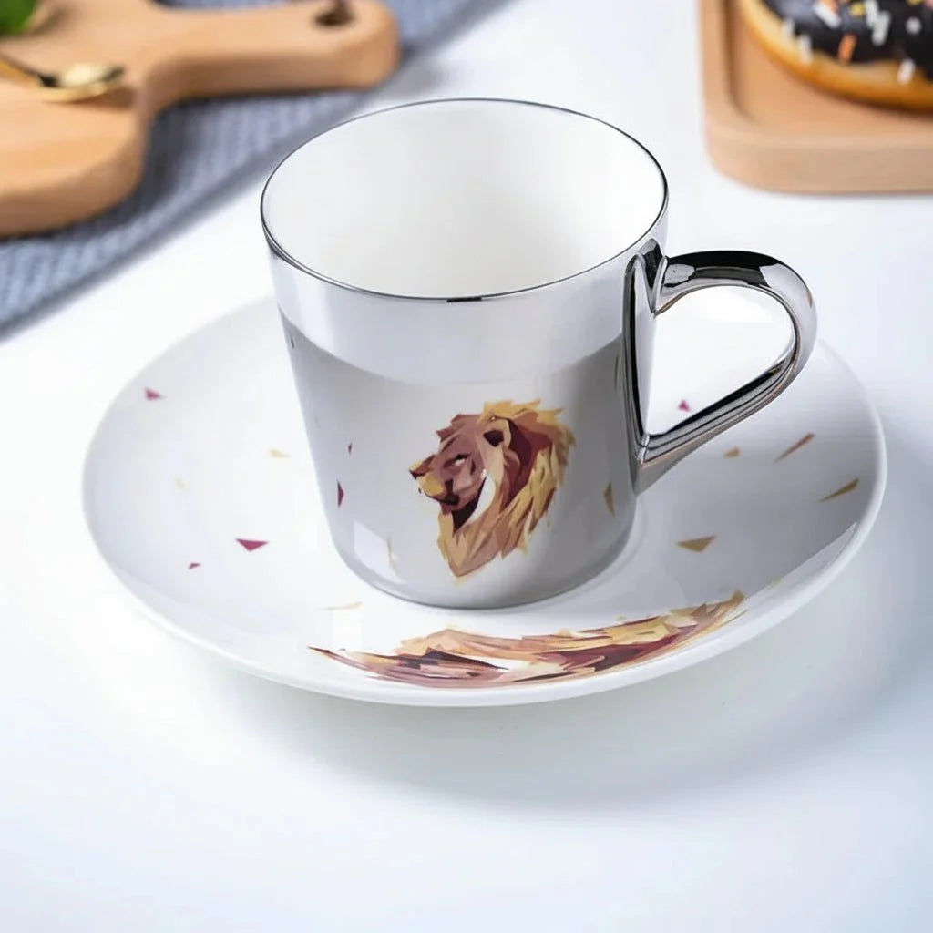 ZenSands Nordic Picasso Lion Mirror Cup Saucer Set Anamorphic Porcelain Illusion Coffee Cup Gift - Quincelle.co