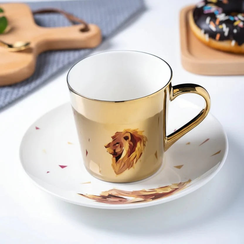 ZenSands Nordic Picasso Lion Mirror Cup Saucer Set Anamorphic Porcelain Illusion Coffee Cup Gift - Quincelle.co