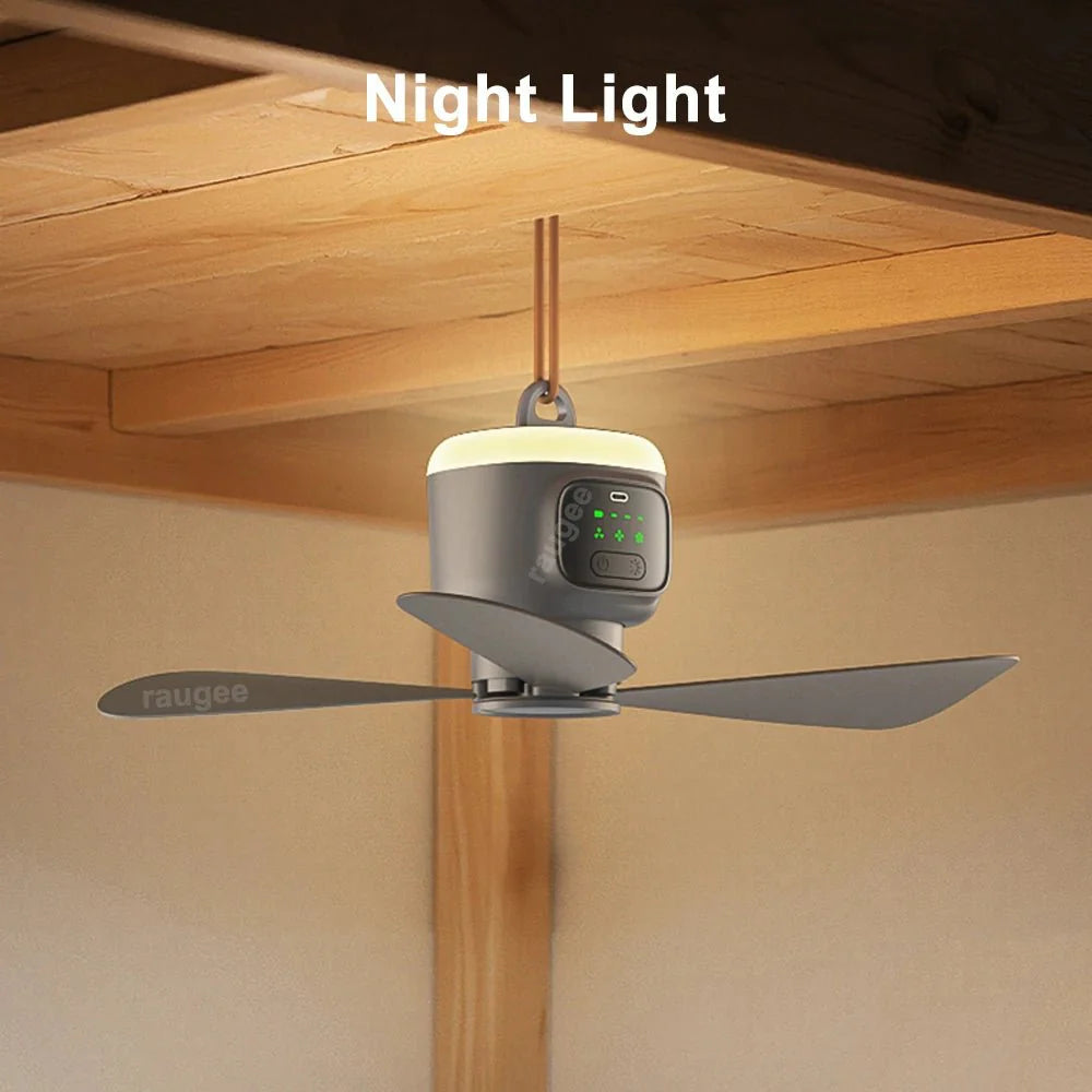 Portable Camping Ceiling Fan – 12000mAh Rechargeable, LED Lantern, Remote Control, 30H Battery, USB - C, RV/Tent - Quincelle.co