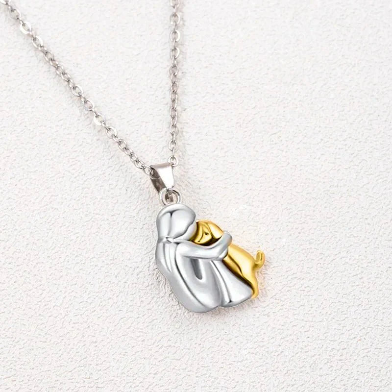 Cute Two-Tone Girl Hugging Dog Necklace | Handcrafted Pet Lover Pendant — View 3