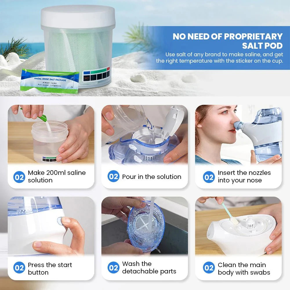 Electric Nasal Rinse Machine – Pulsating Saline Flush System with 50 Pre - Measured SaltPods - Quincelle.co