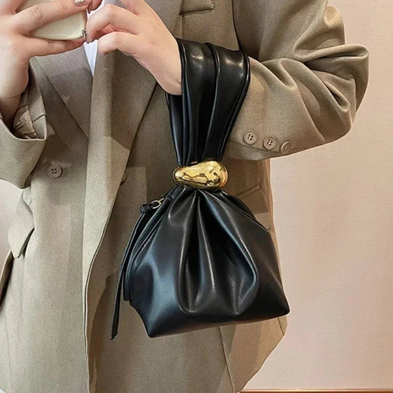 Pleated Mini Bucket Clutch Bag – Luxury Soft Leather Evening Pouch, Side Zipper, Women's Party Shoulder Bag - Quincelle.co