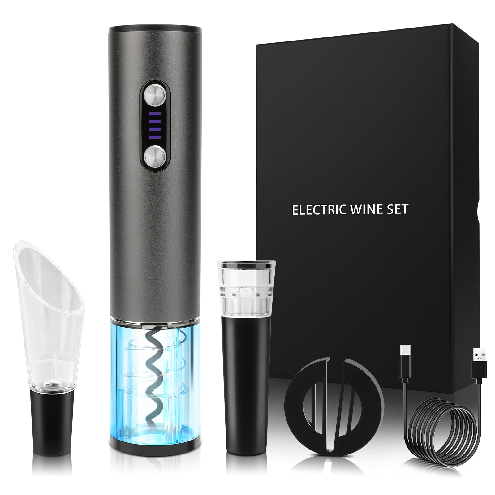 Electric Wine Opener Gift Set 7 - in - 1, Rechargeable Automatic Corkscrew with Foil Cutter Aerator Stoppers - Quincelle.co