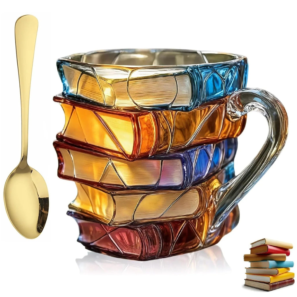 Handmade 3D Glass Book Mug – Artistic Painted Book Stack Coffee Tea Cup ... — View 9