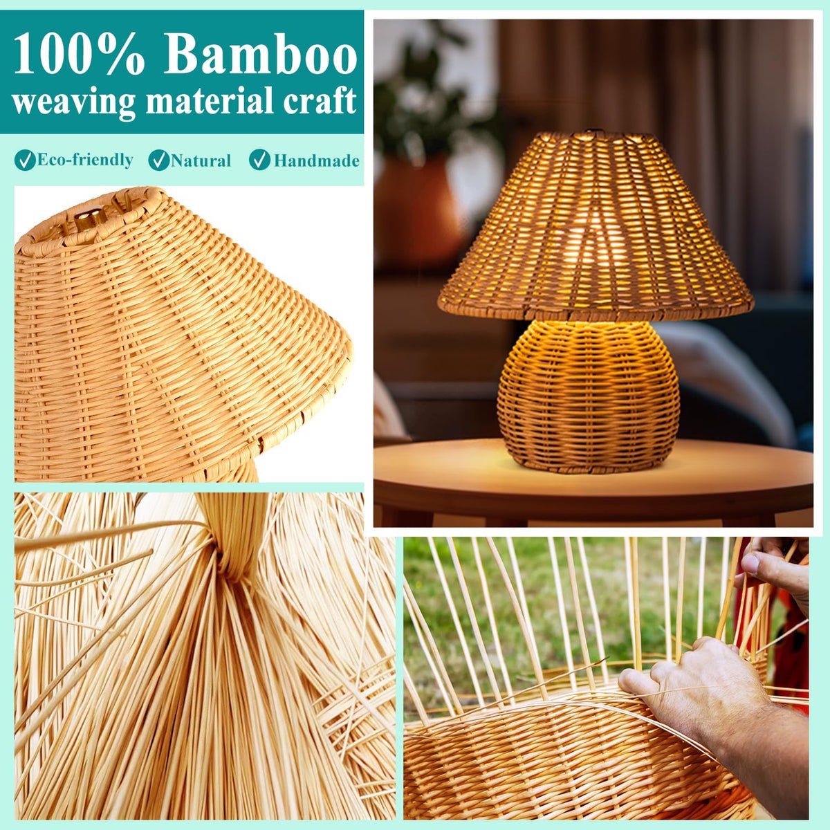 Handmade Bamboo Rattan Table Lamp Boho Wicker Woven Bedside Desk Accent Light Bedroom Nursery E26 - Quincelle.co
