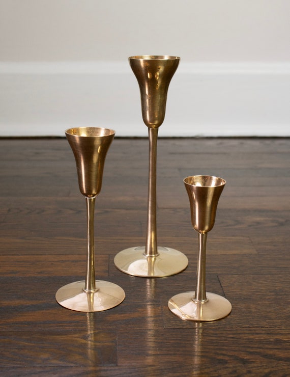 Brass Taper Candlestick Holders, Set of 3 — Sculptural Candle Holders for Dining Table & Mantel