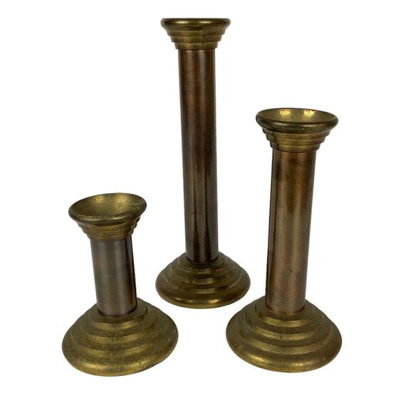 Brass Taper Candlestick Holders, Set of 3 — Sculptural Candle Holders for Dining Table & Mantel