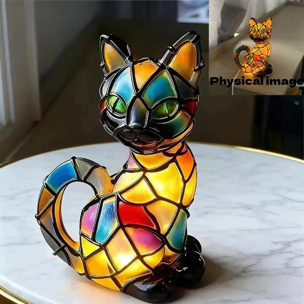 Stained Glass Cat Lamp — Resin LED Night Light, USB Table Lamp Gift