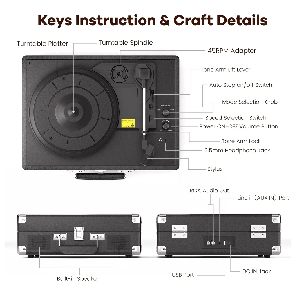 Maio Vintage Gramophone: Belt - Driven Turntable with Built - in Speakers - Quincelle.co