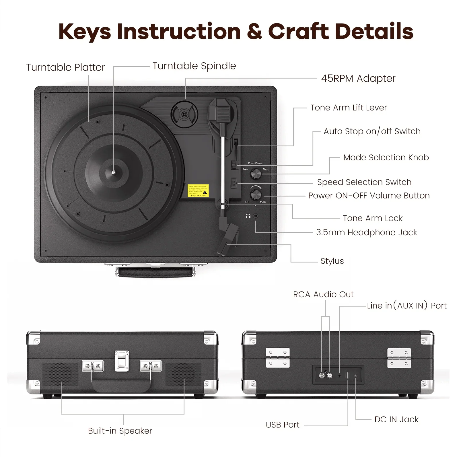 Maio Vintage Gramophone: Belt - Driven Turntable with Built - in Speakers - Quincelle.co