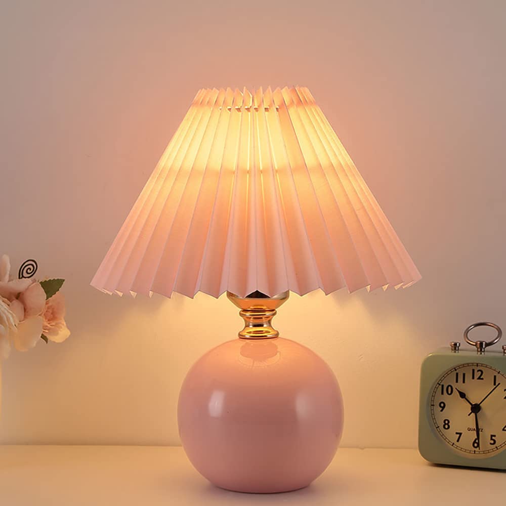 Pleated Table Lamp Ceramic Base Warm Ambient Farmhouse Bedside Desk Accent Light Bedroom - Quincelle.co