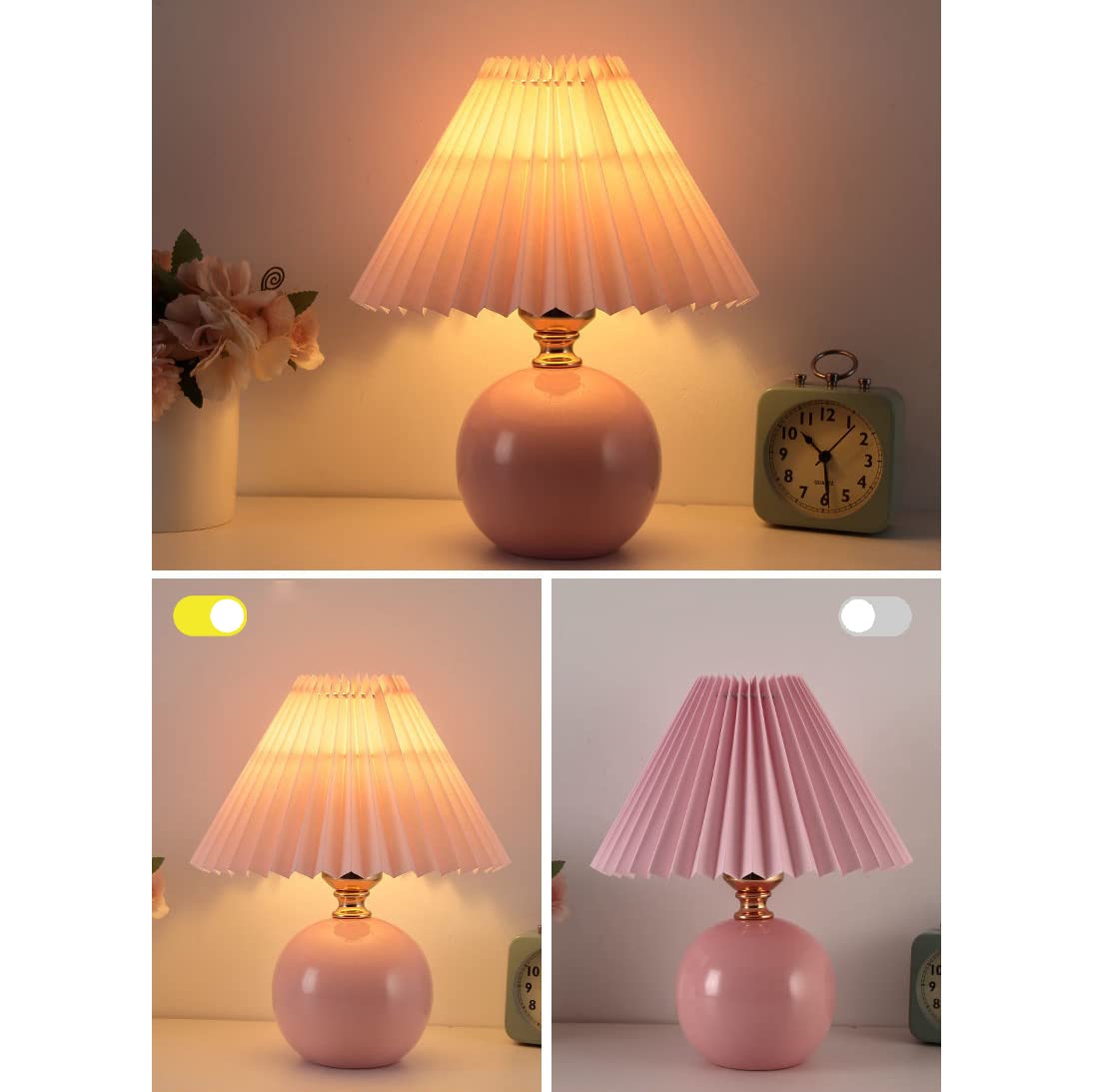 Pleated Table Lamp Ceramic Base Warm Ambient Farmhouse Bedside Desk Accent Light Bedroom - Quincelle.co