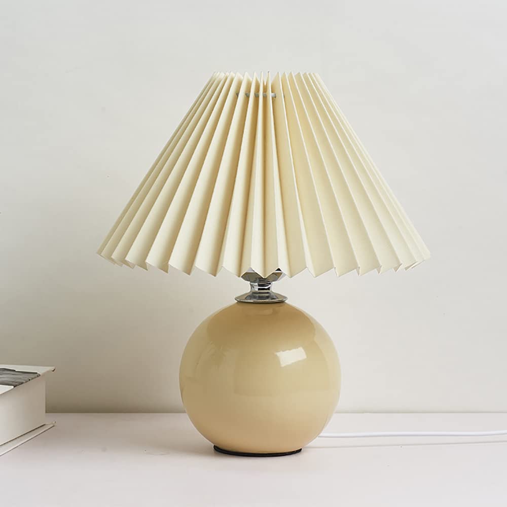 Pleated Table Lamp Ceramic Base Warm Ambient Farmhouse Bedside Desk Accent Light Bedroom - Quincelle.co
