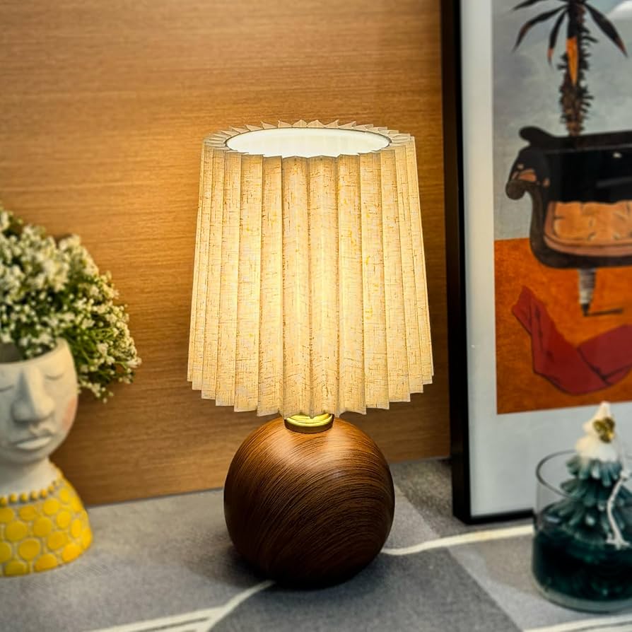 Pleated Table Lamp Ceramic Base Warm Ambient Farmhouse Bedside Desk Accent Light Bedroom - Quincelle.co