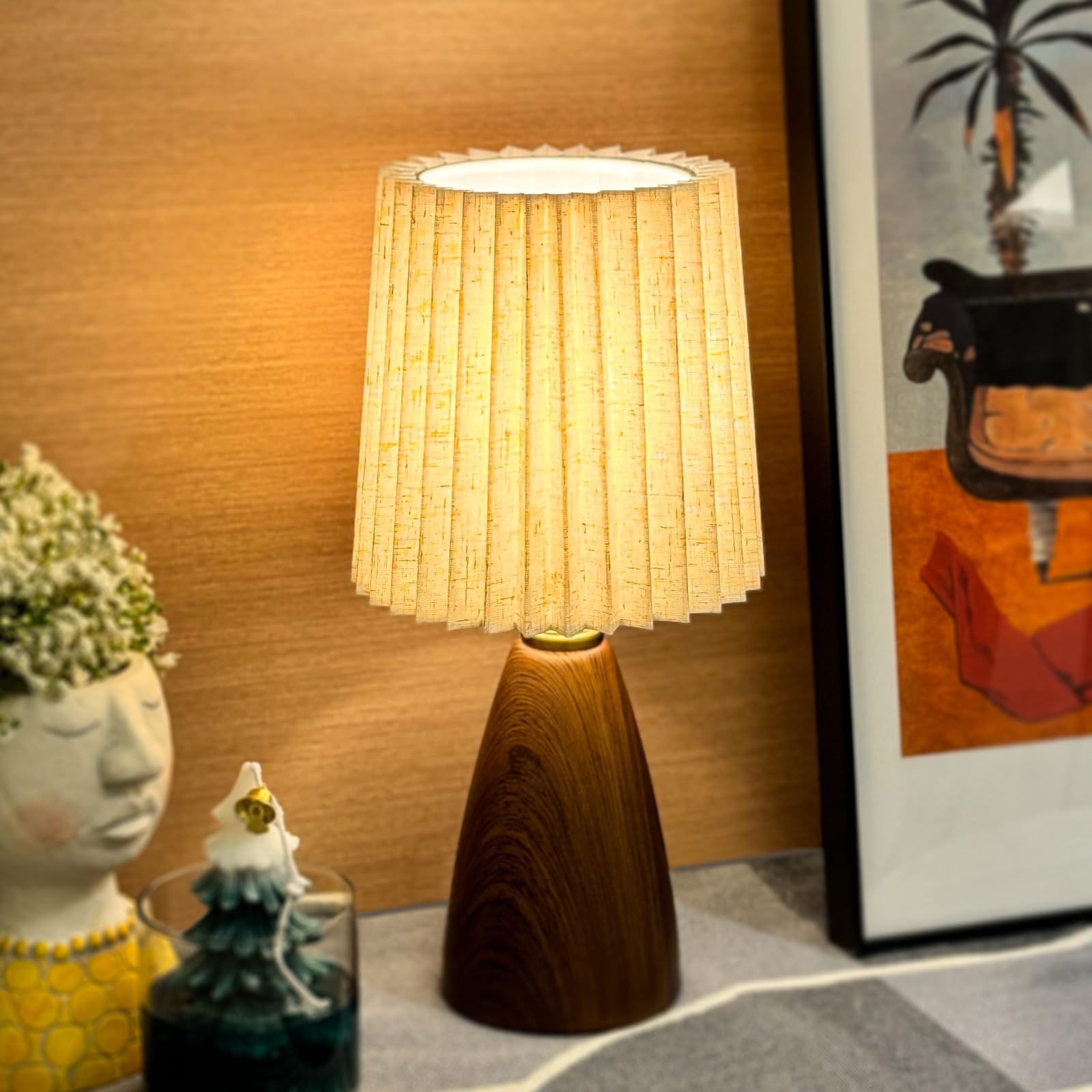 Pleated Table Lamp Ceramic Base Warm Ambient Farmhouse Bedside Desk Accent Light Bedroom - Quincelle.co