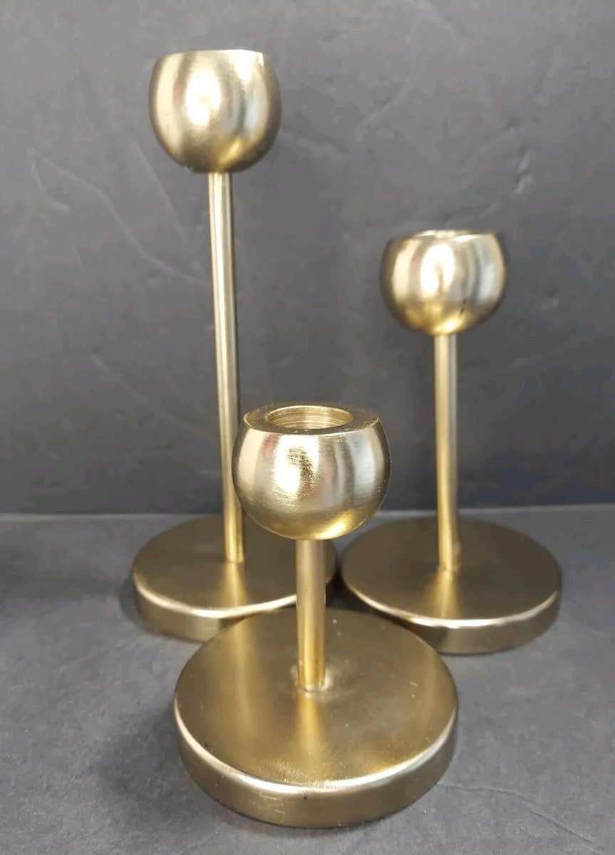 Brass Taper Candlestick Holders, Set of 3 — Sculptural Candle Holders for Dining Table & Mantel