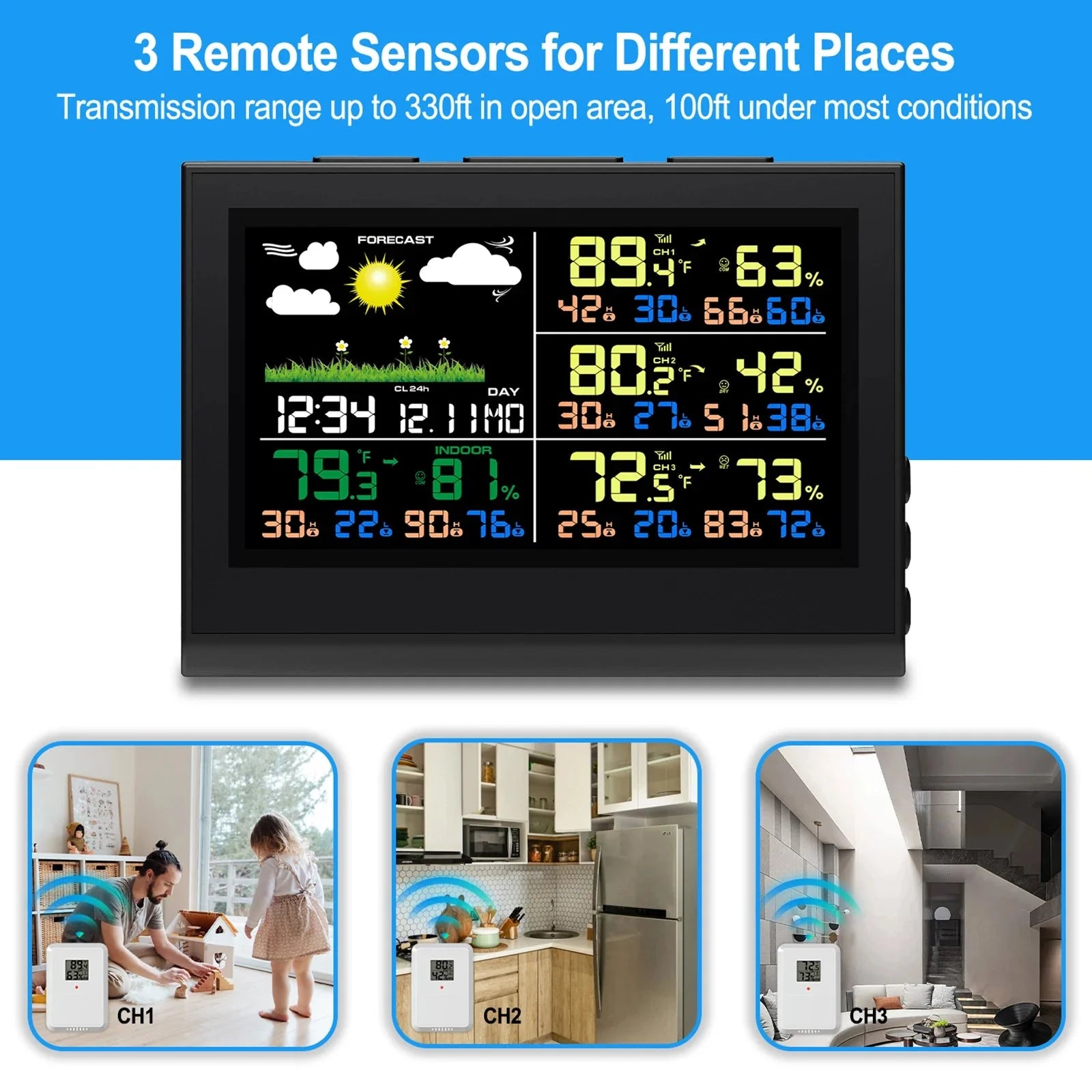 Smart Wireless Weather Station with 3 Sensors Large Color Display Indoor... — View 4